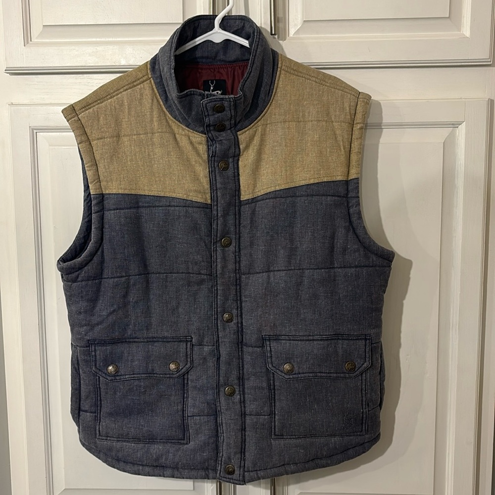 Kane & Unke Vest XL Mens Blue Tan Colorblock Linen Blend Snap Front Puffer